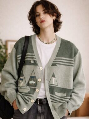 VINTAGE West Bay Polo club cardigan sweater nautical green grandpacore medium